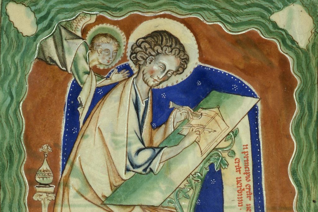 Saint John writing the Apocalypse on Patmos with an angel whispering in his ear over his shoulder.