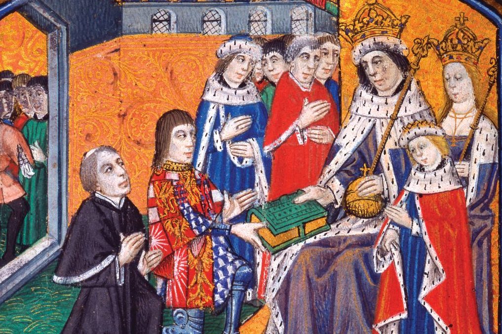 Earl Rivers, kneeling before the throne, presents a book to Edward IV. 