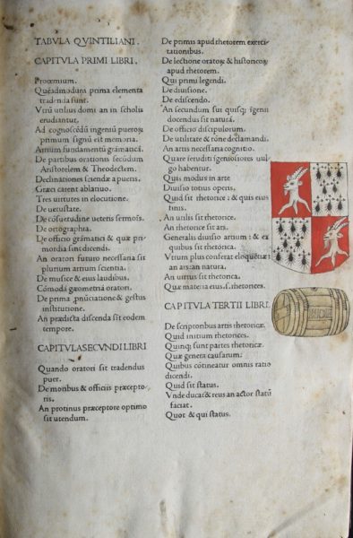 Title page of Quintilian, Institutiones oratoriae, 1471 with Cardinal Morton's  arms and rebus of Morton's name - a picture of a barrel (tun) with 'Mor' written on it