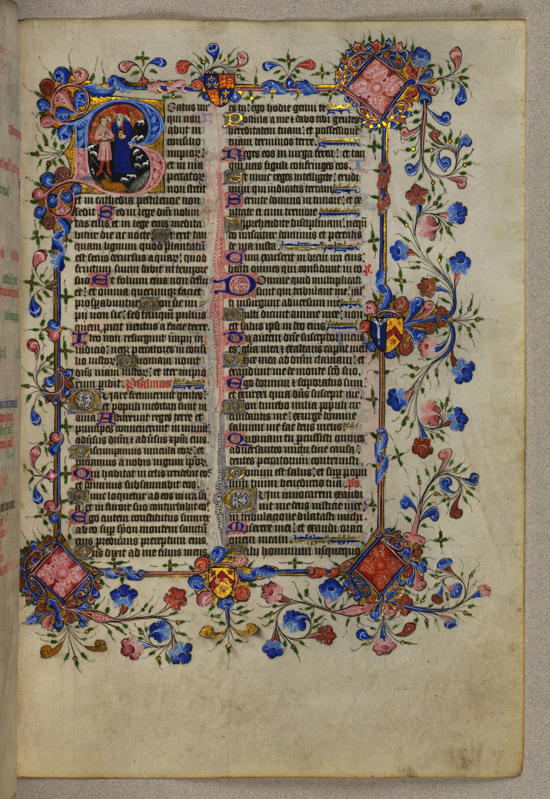 Detail from the Chicheley Breviary showing a decorated initial letter B containing an image of Saul and David