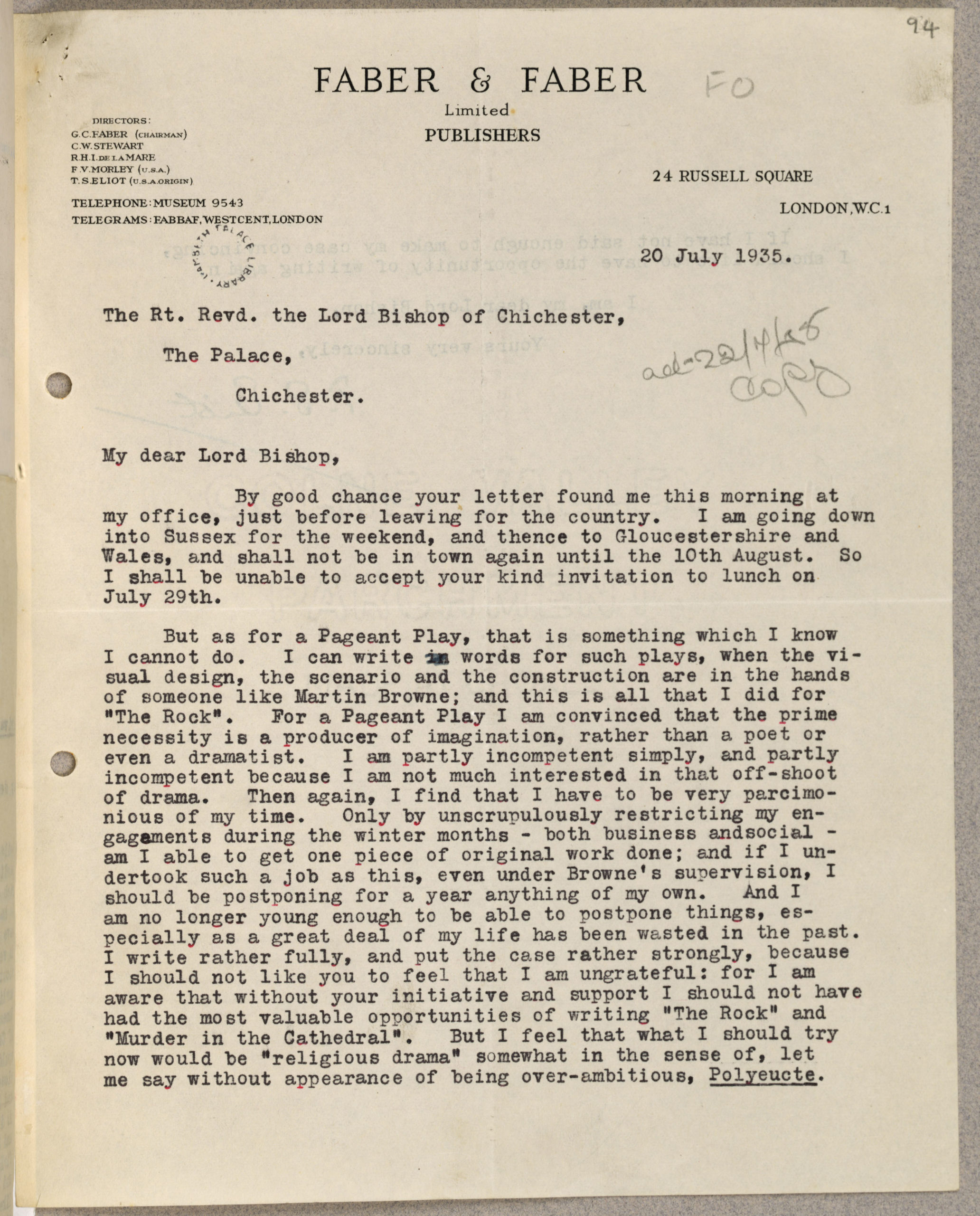 Letter from T.S. Eliot to Bishop George Bell in which he declines a proposal by Bell that he write a pageant play.