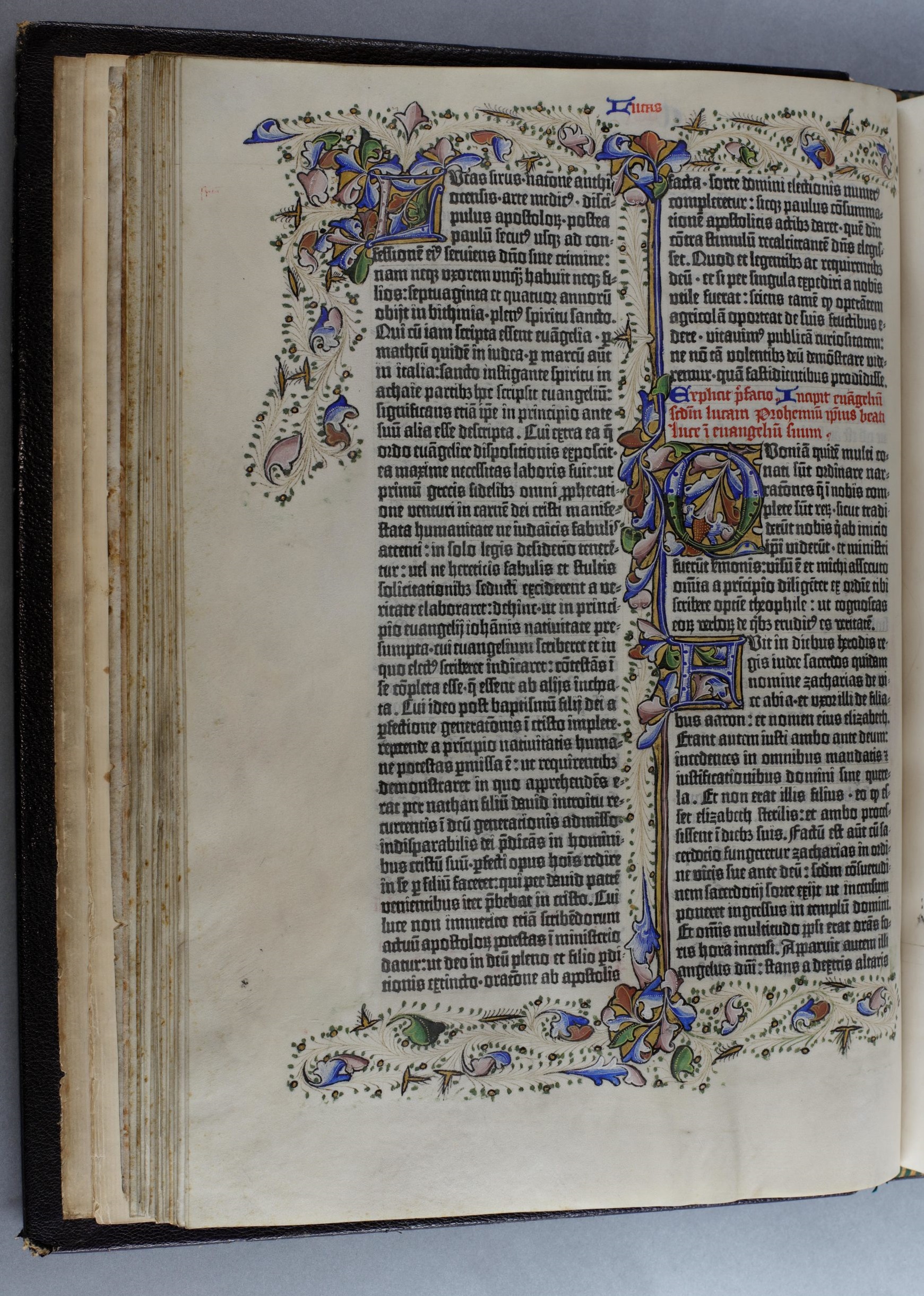 Page with the start of the prologue to the Gospel of John from the Gutenberg Bible, MS15, with richly illuminated floral border.
