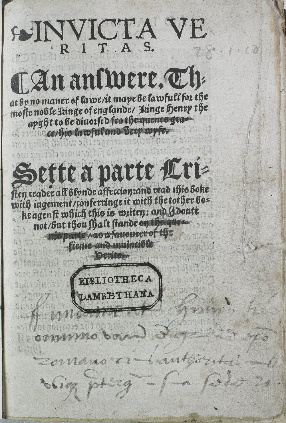 Title page of Invicta Veritas with comments in the hand of Henry VIII in Latin.
