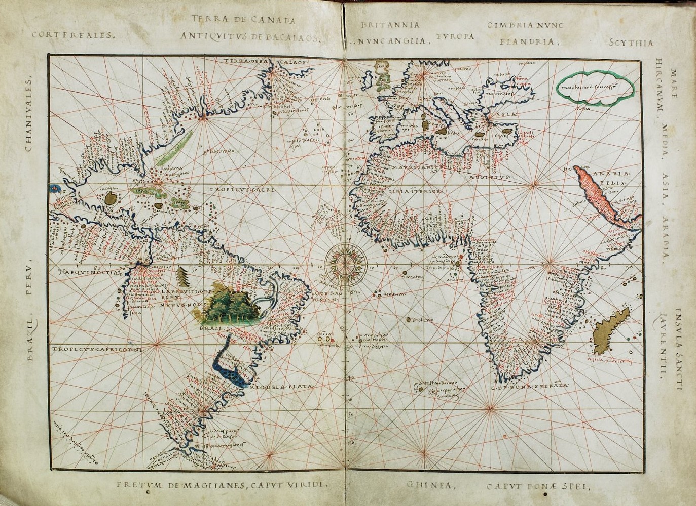 Africa and Europe and the western coast of the Americas as depicted by Battista Agnese. c.1543.