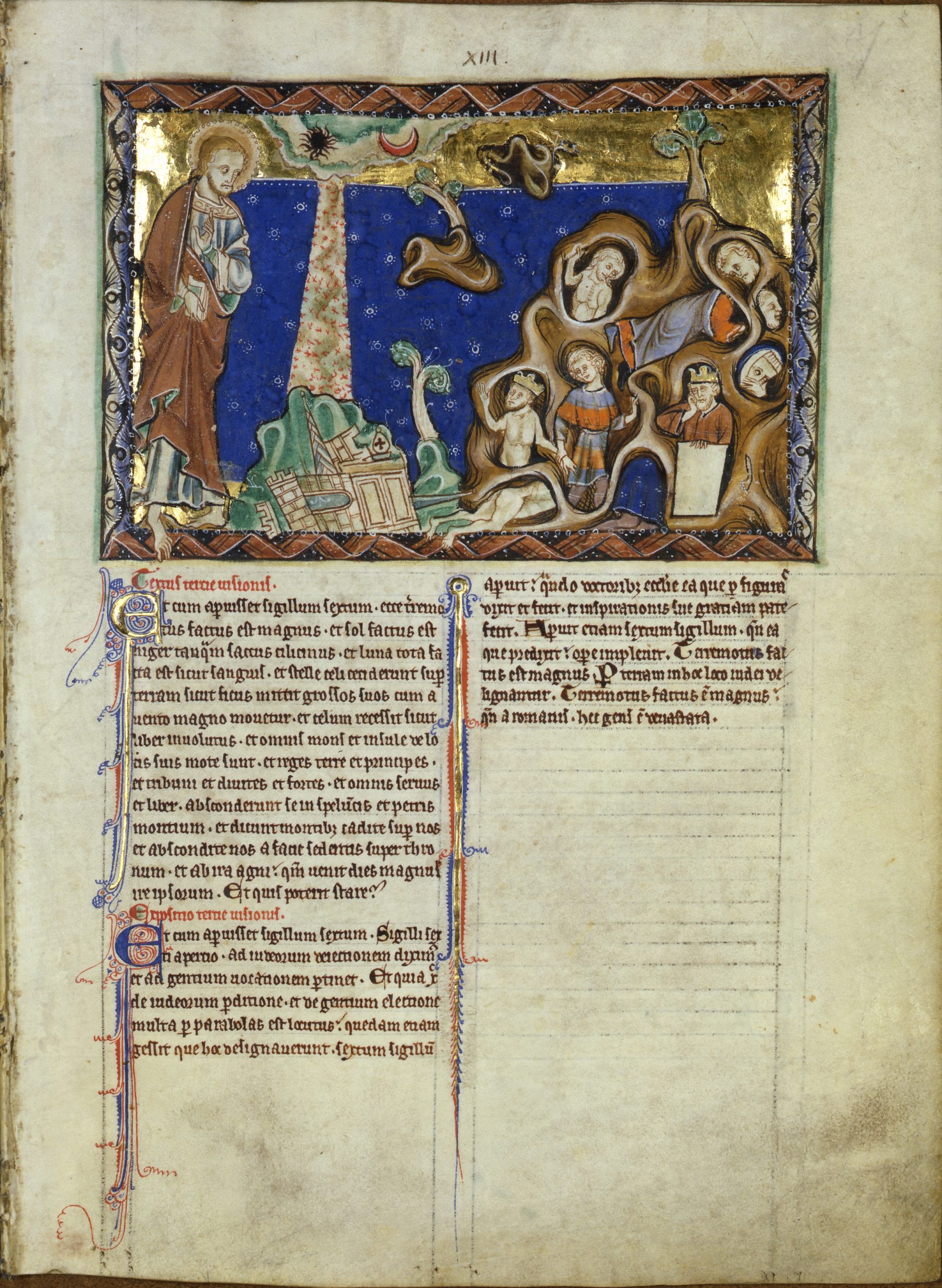 Page from the Lambeth Apocalypse  showing various ranks of people taking refuge in caves to avoid the wrath of God
