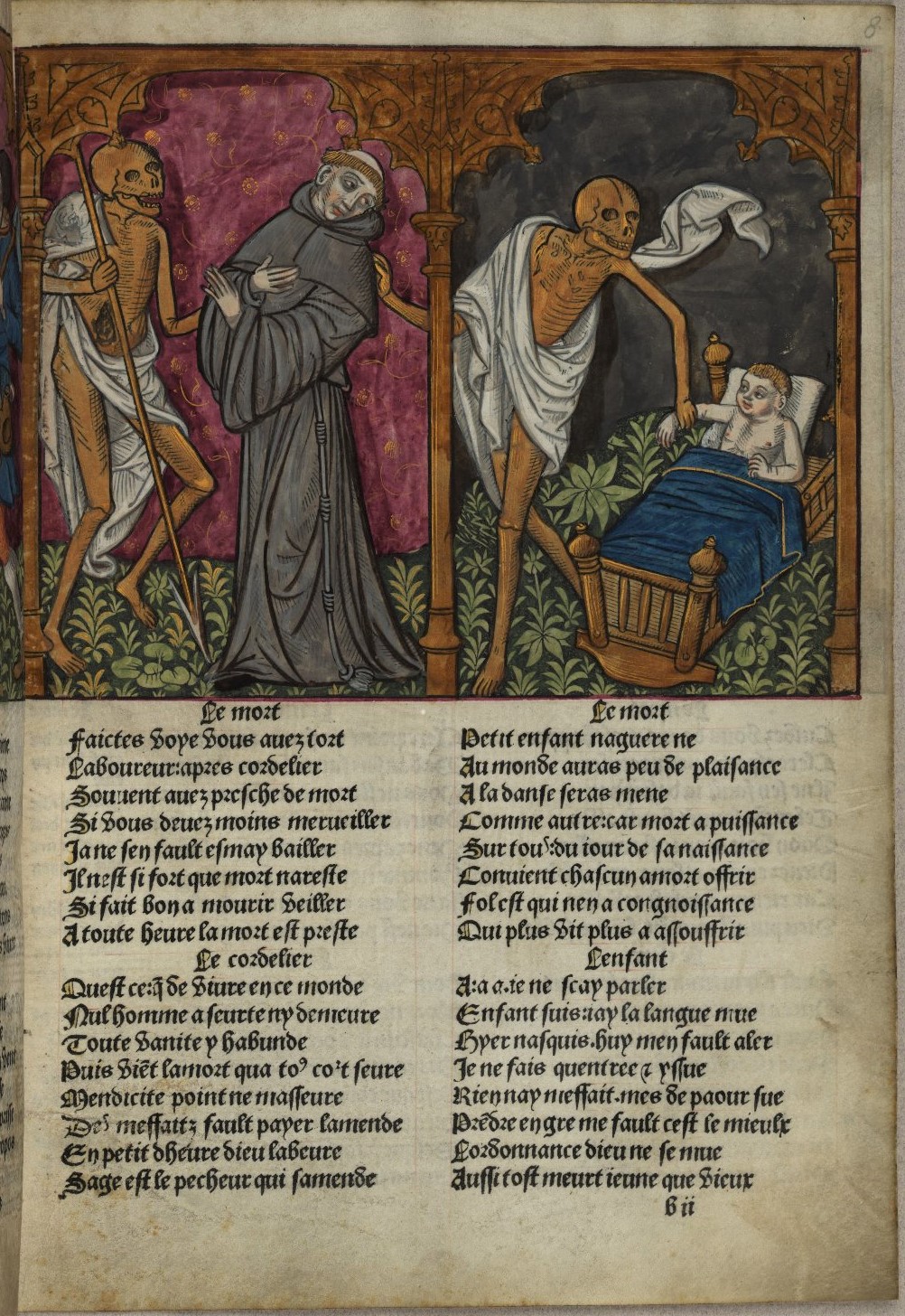 Death leads a monk and a child in a dance to the grave.