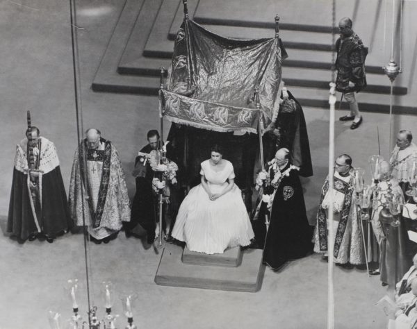 The Queen on her throne in Westminster Abbey, just before the anointing.