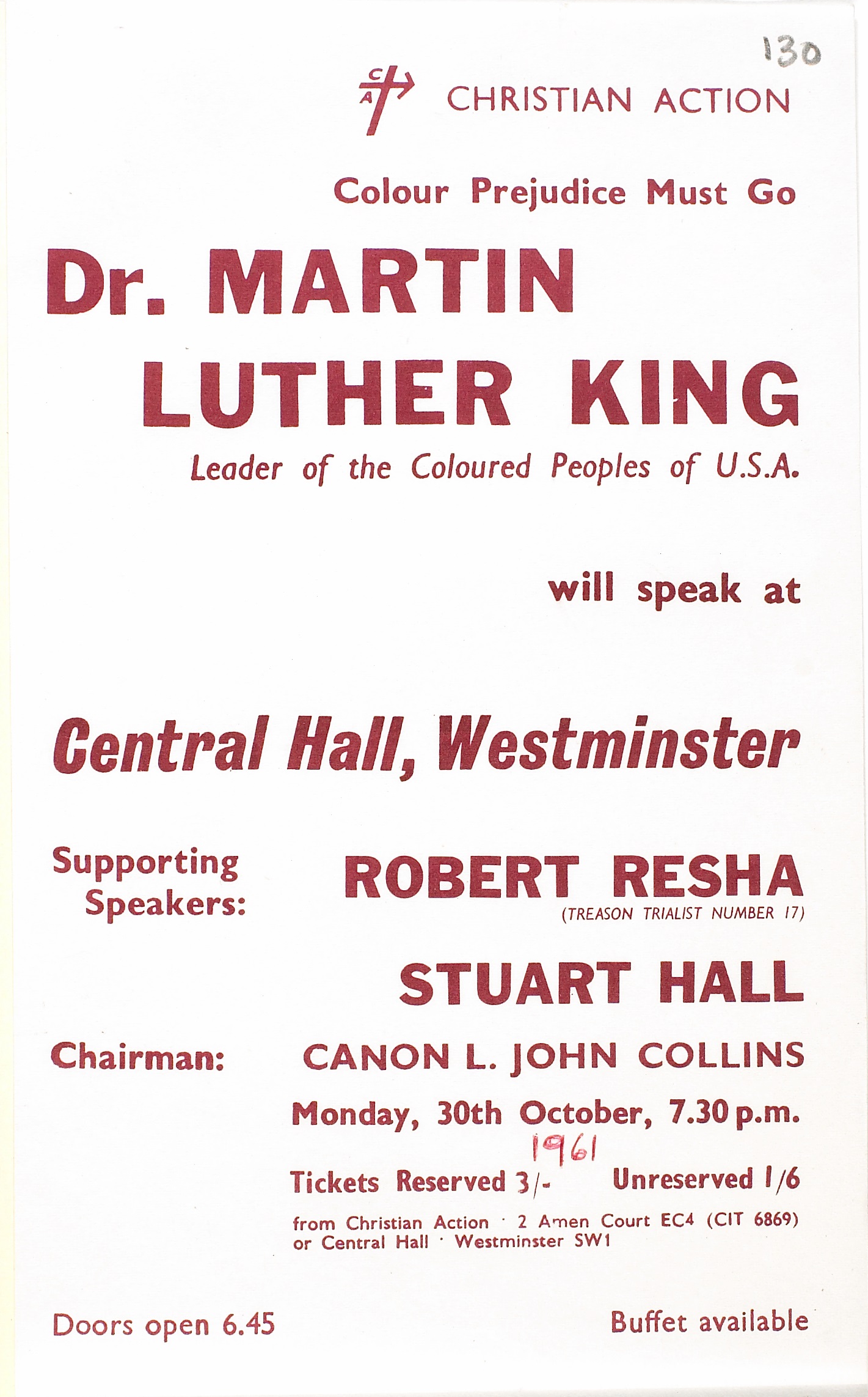 Cover of a pamphlet advertising a speech by Dr. Martin Luther King in London, 1961