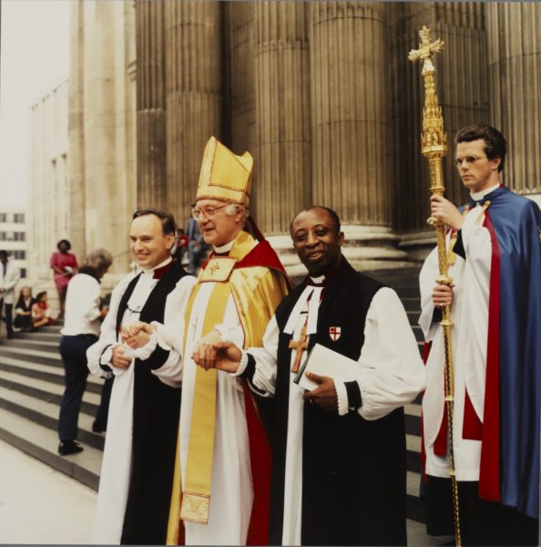 Archbishop Robert Runcie and Bishop Wilfred Wood standing outside St Paul's shortly after the Wood's consecration.